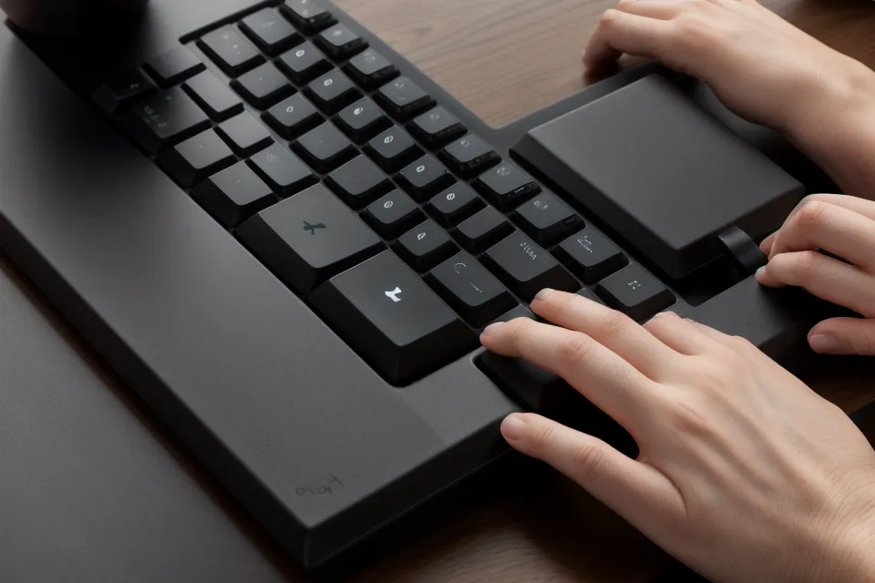 Close-up of neutral wrist posture on an under-desk keyboard tray.