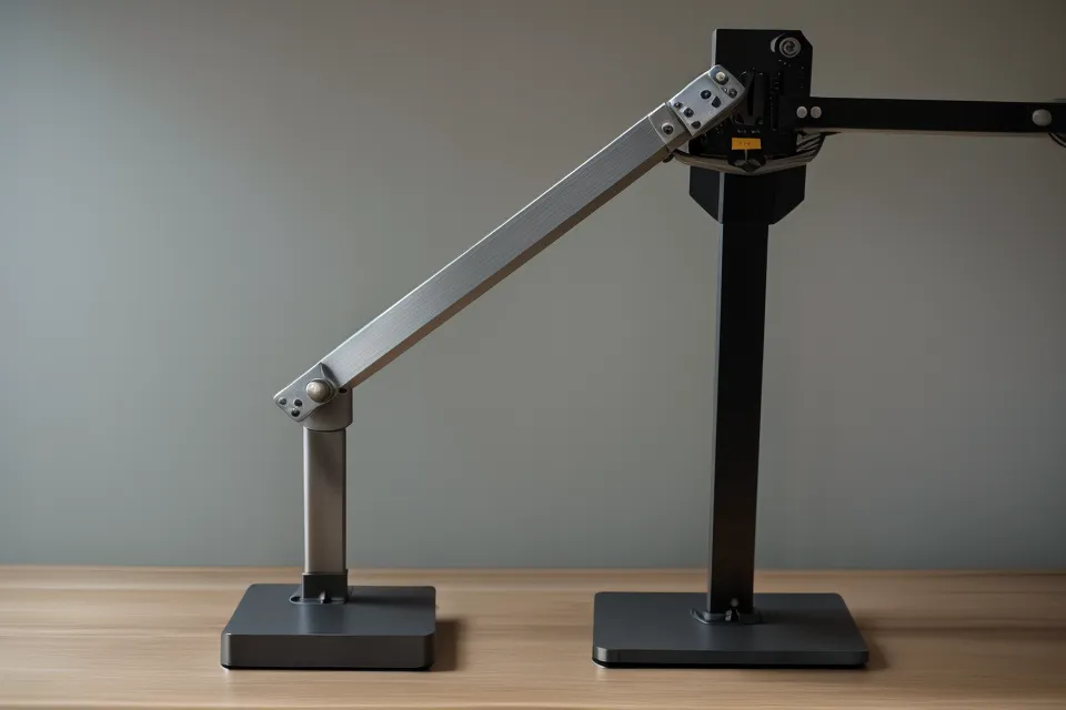 Close-up of a sturdy metal monitor arm clamp attached to a wooden desk.