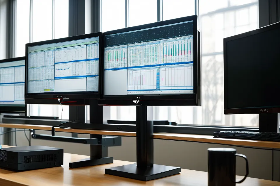 Two computer monitors mounted on independent ergonomic arms in a realistic home office.