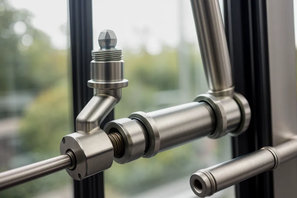 A hand adjusting the height of a sleek gas-spring monitor arm joint.