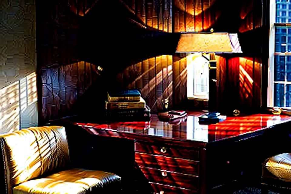 A professional and comfortable home office setup with a solid wood desk