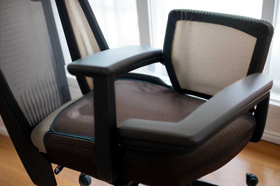 Close-up detail of the mesh and frame on a Herman Miller Aeron chair.