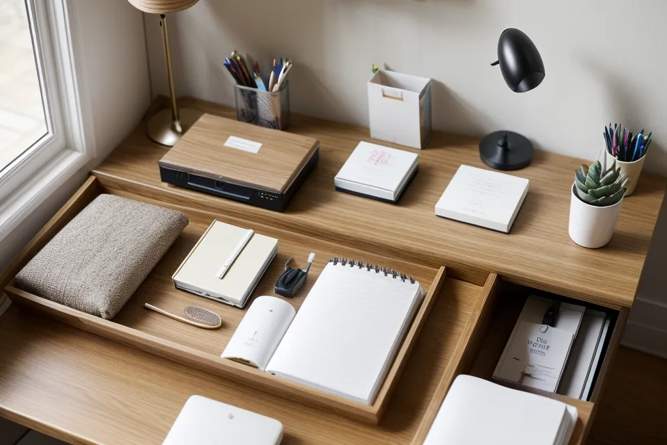 Detailed view of high-quality metal hardware on a home office storage cabinet.