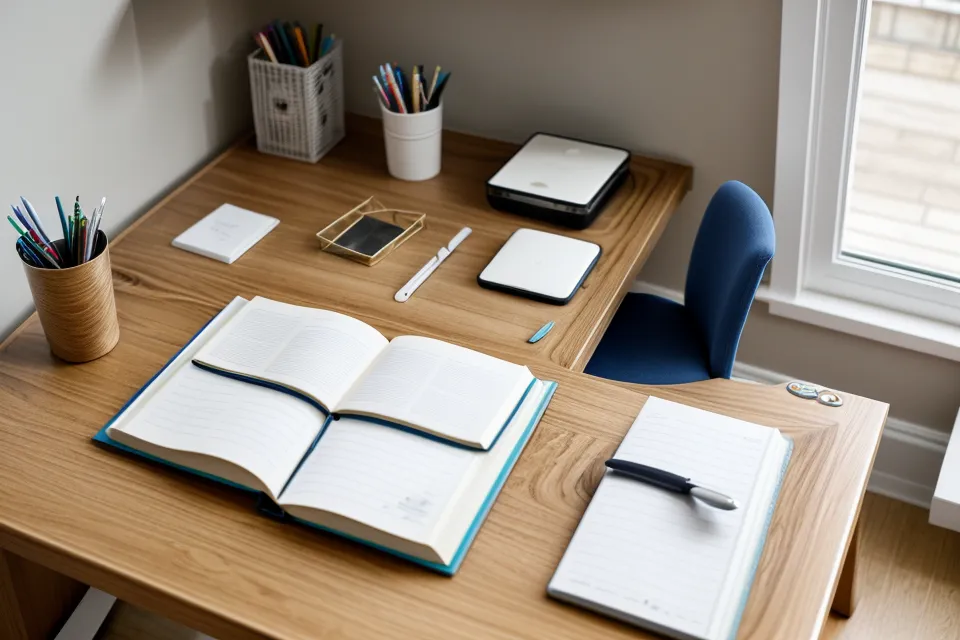A modular storage cabinet used as a room divider in a shared home office.