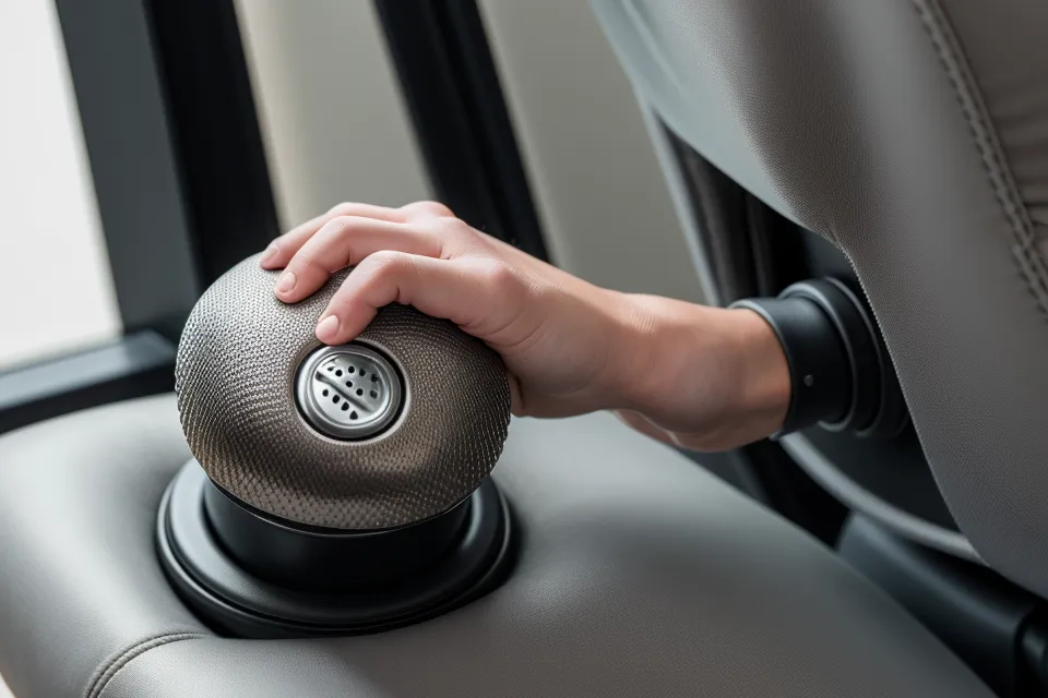 Adjusting the lumbar support on an ergonomic home office chair.