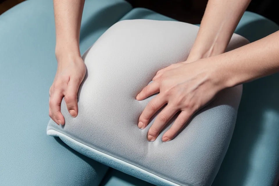Hands pulling a tight fabric cover over a foam sofa insert.