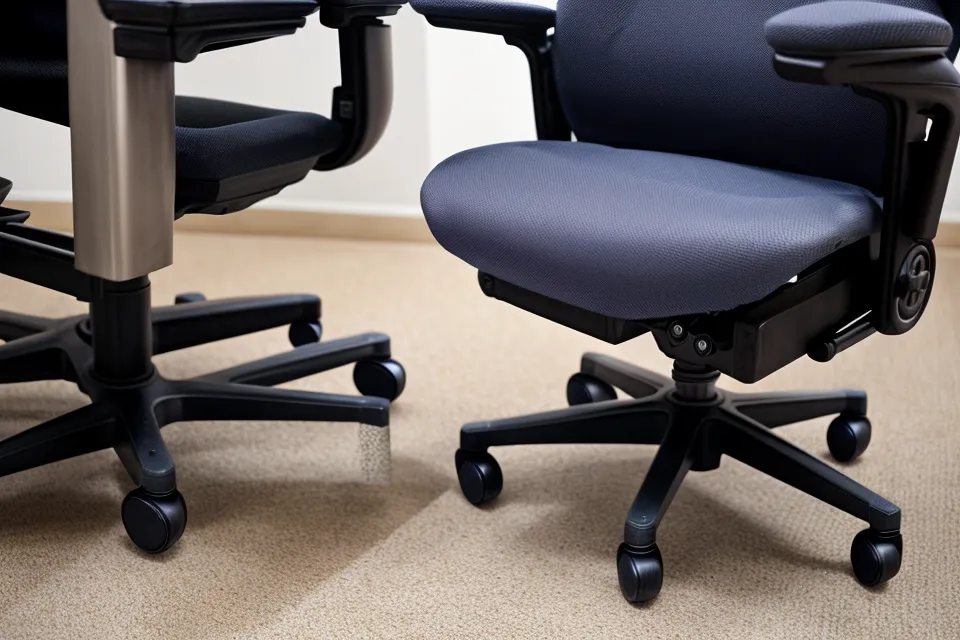 Close-up of ergonomic chair wheels on a low-pile Ruggable rug.