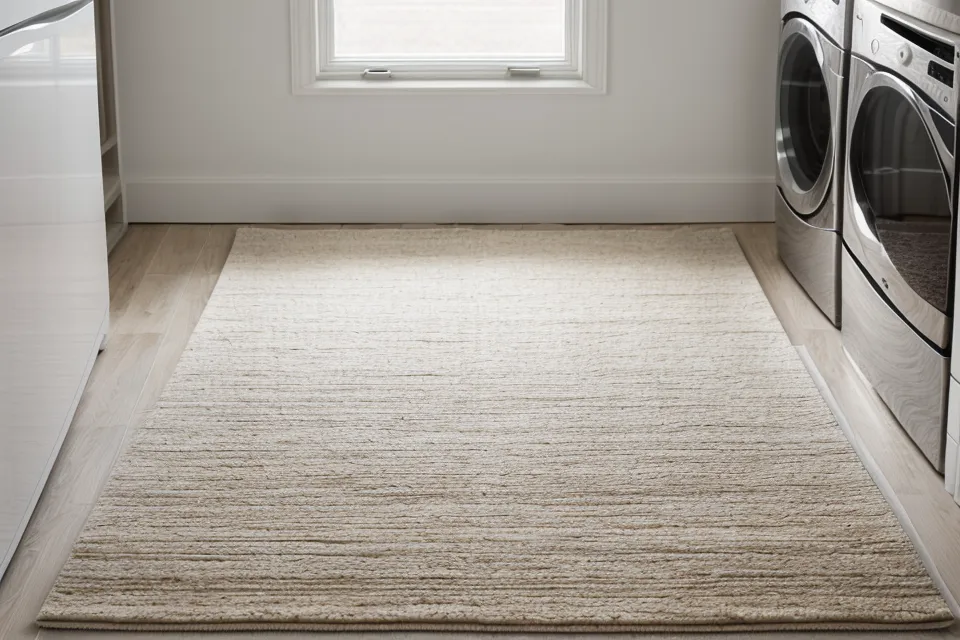 A Ruggable rug cover being prepared for a wash in a home laundry room.