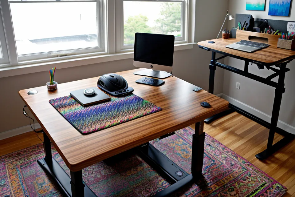 Standing desk setup with a Ruggable rug and an anti-fatigue mat.