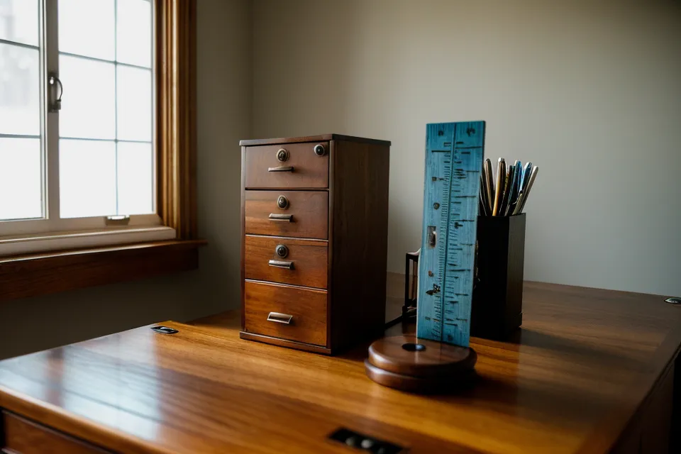 A hand closing the wooden drop-down lid of a secretary desk.