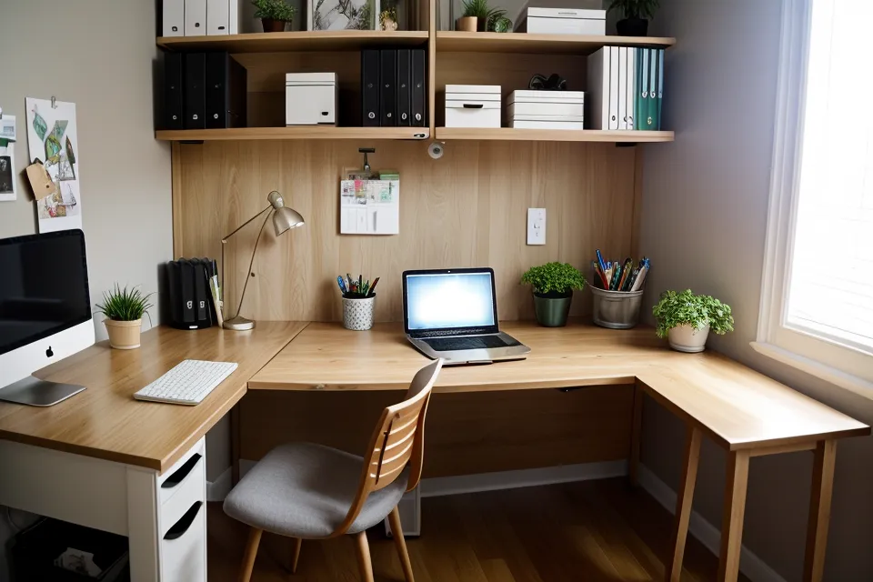 Inside view of an open secretary desk with a laptop and organized office supplies.