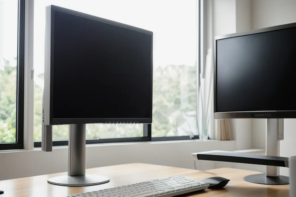 A computer monitor raised on an arm to match an ergonomic seating position in a Steelcase home office setup