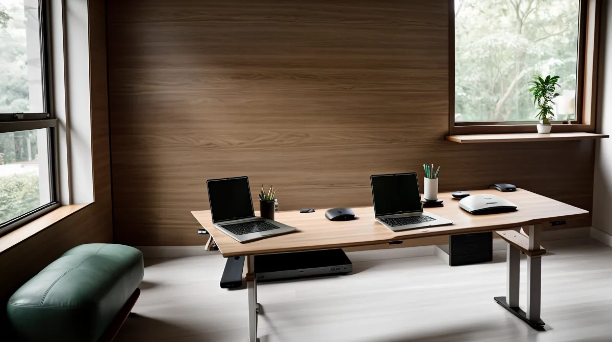 Branch Daily Desk motorized standing desk in a small home office set up for remote work