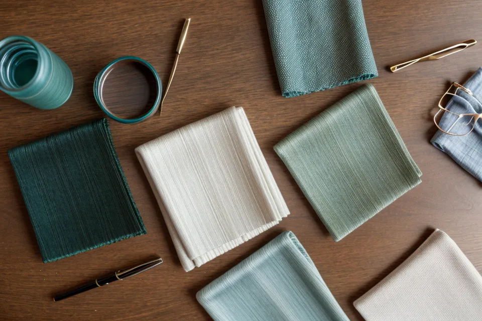 Close-up of fabric swatches on an oak desk under office lighting.