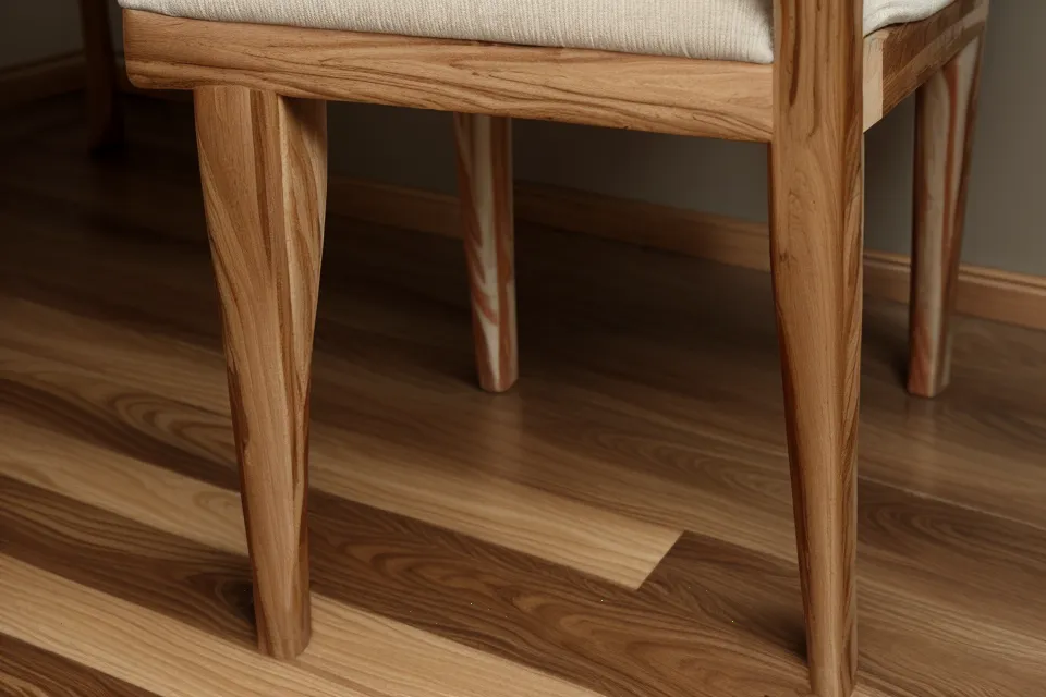 Close-up of a solid wood chair leg on a hardwood floor.