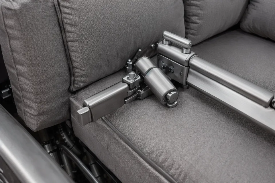 Detailed view of a sleeper sofa's metal folding mechanism and hinges.
