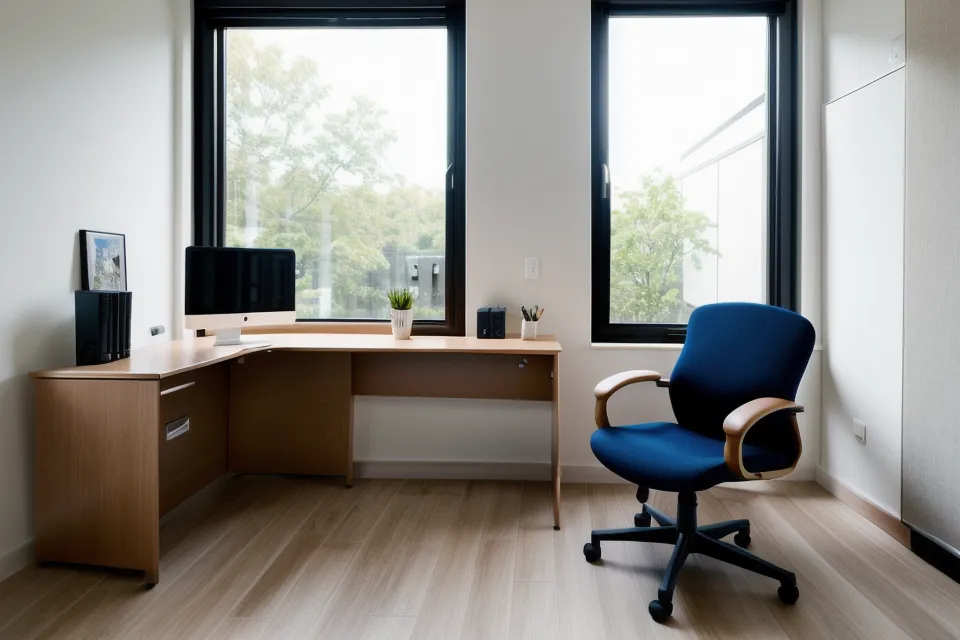 A completed home office setup with an ergonomic chair and a sleeper sofa.