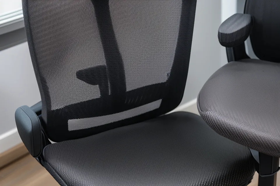Close-up of the Herman Miller Mirra 2's flexing Triflex mesh backrest, the ergonomic seating detail behind its posture support
