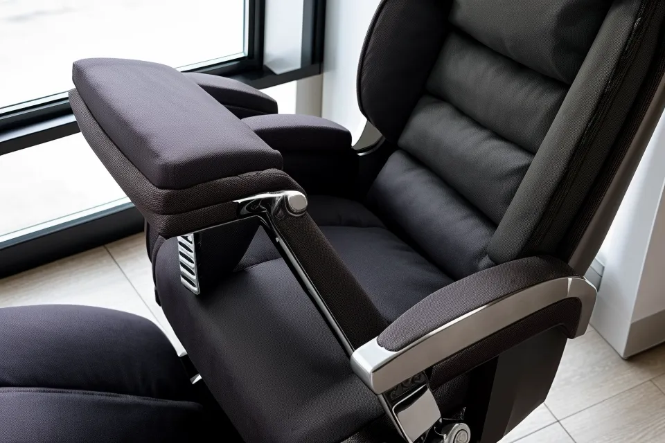 Close-up of an office chair's recline adjustment lever and mechanical hinge.