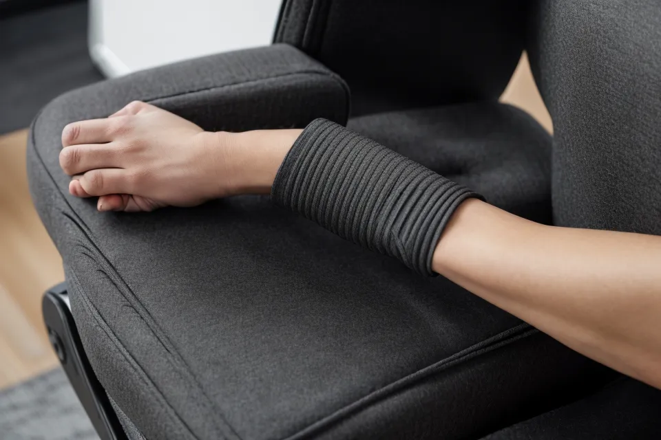 Hands adjusting the width of a 4D office chair armrest over an oak desk.