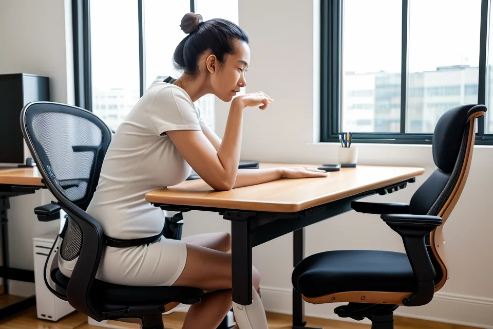 Side view of an office chair and desk showing proper ergonomic elbow alignment.