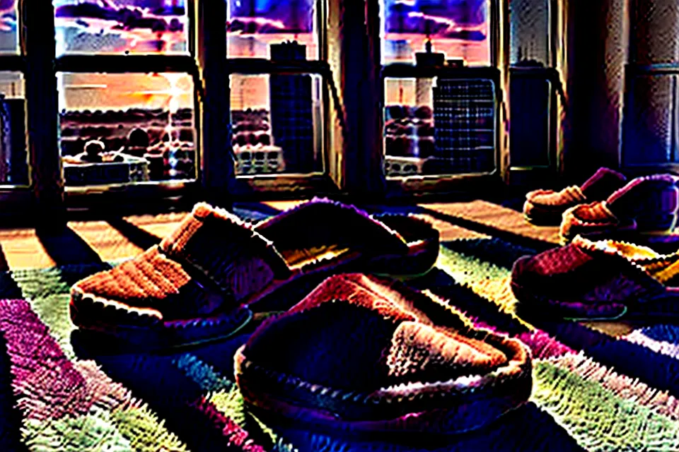 Slippers next to office chair wheels on a rug in a home office