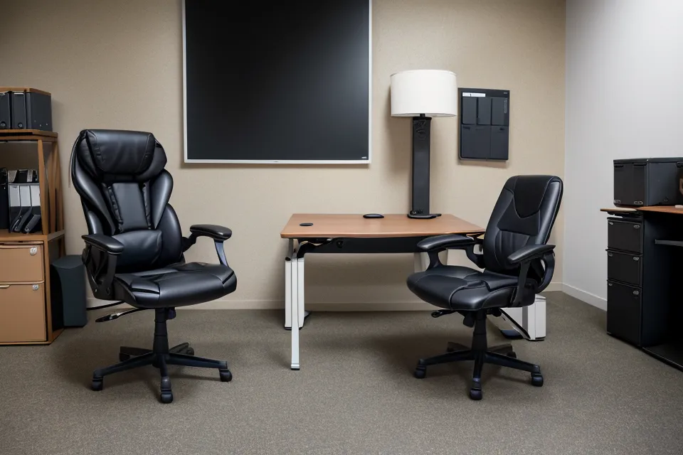 Discarded cheap office chairs contrasted with a high-quality replacement