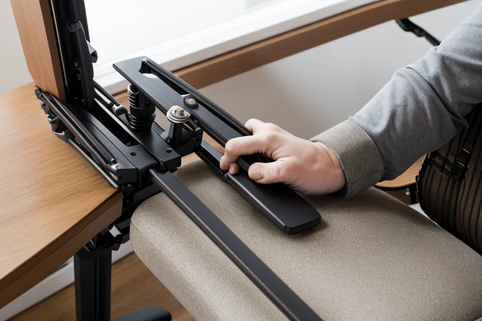 Close-up of a Steelcase Gesture armrest highlighting its adjustable pivot points.