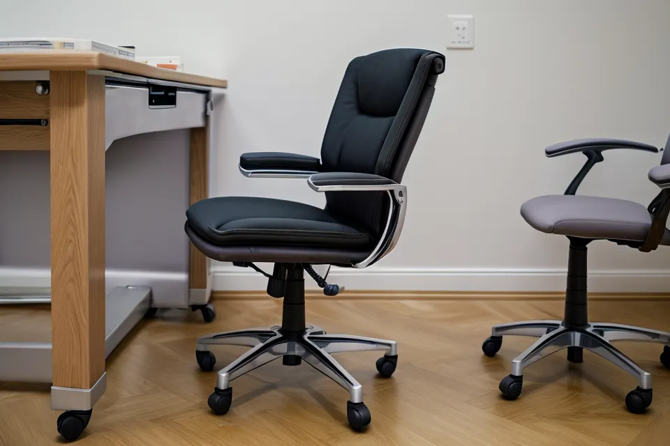 Detail of the Steelcase Think's pneumatic cylinder and casters on a home-office floor