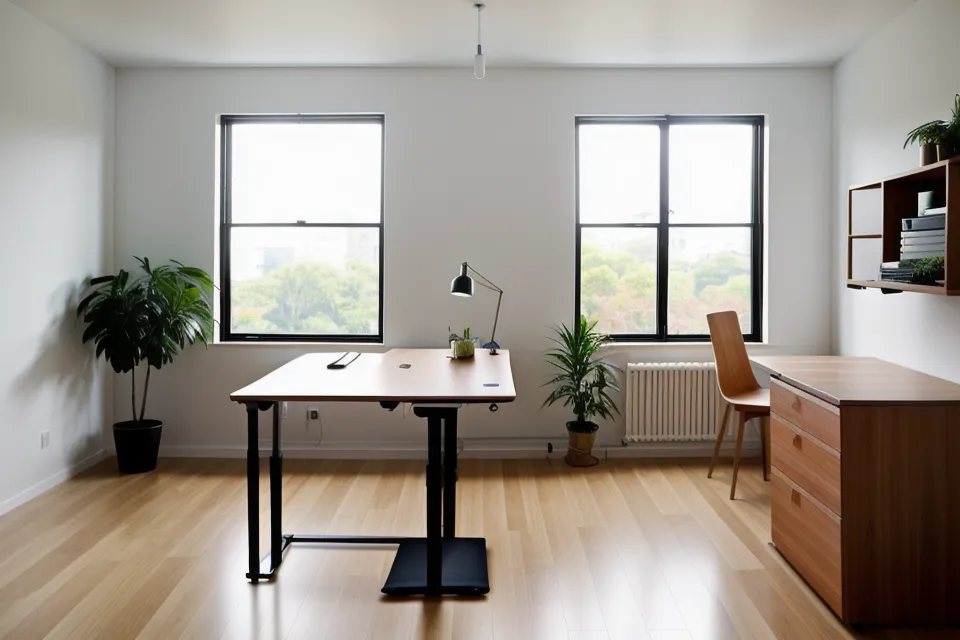 A standing desk used as a room divider in a small bedroom office layout.