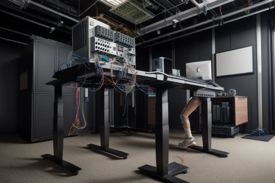 Close-up of a standing desk control panel at maximum height showing cable management.