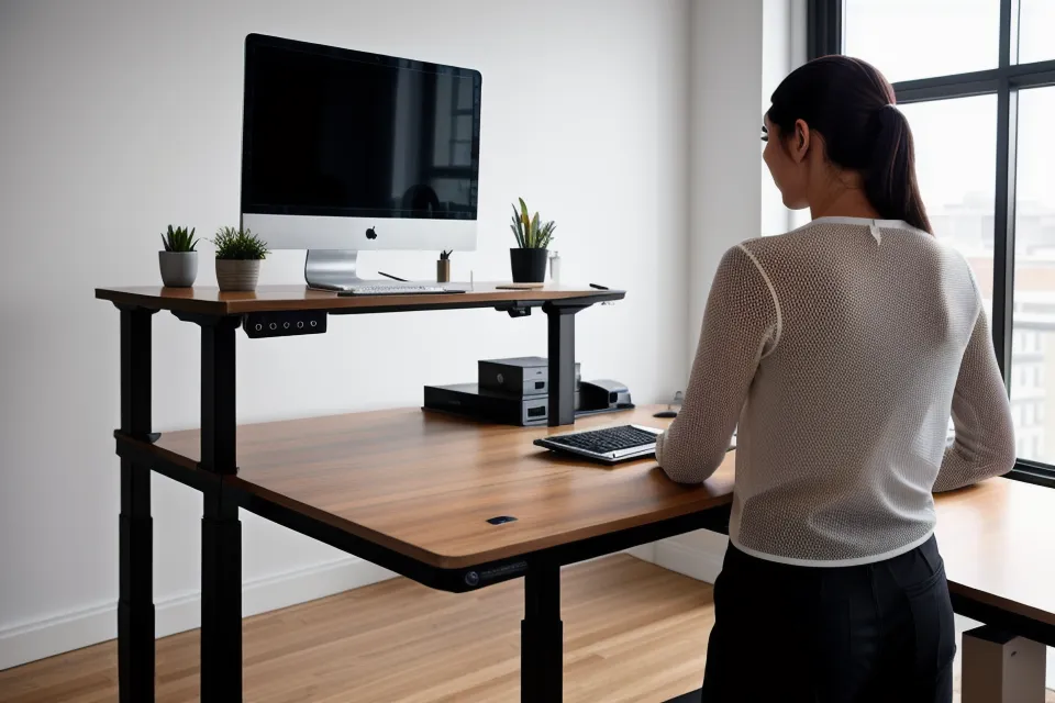 The back of a standing desk with neat cable management in an open room layout.