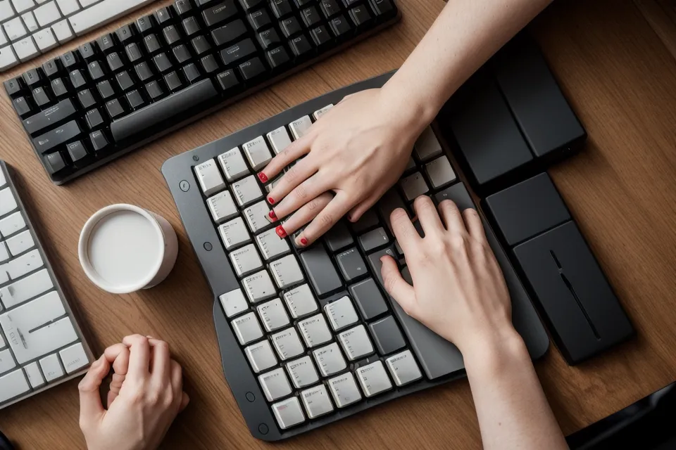 Hands typing at a standing desk with natural side lighting from a nearby window.