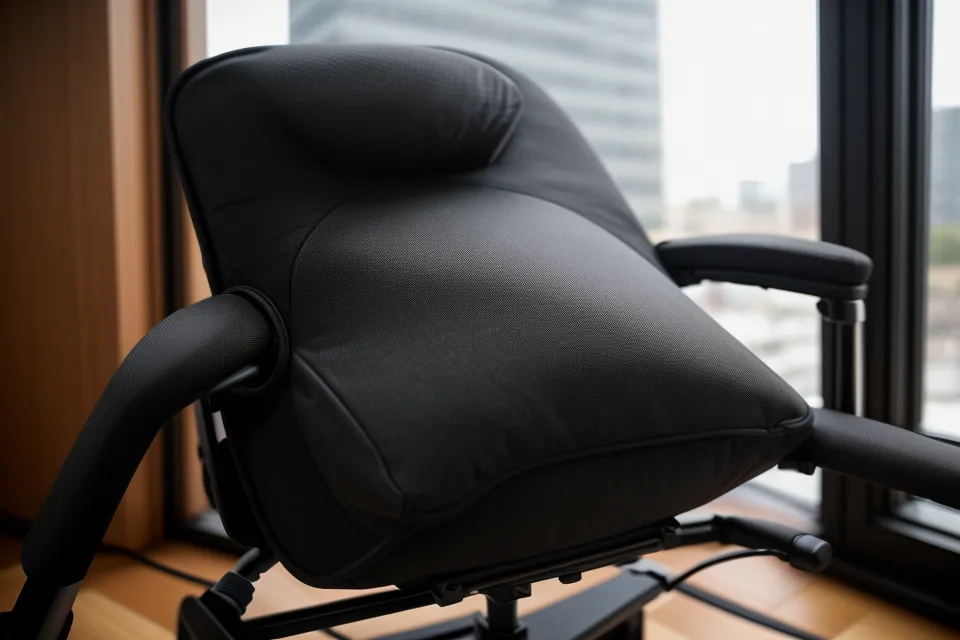Close-up of the pixelated support matrix on the back of an ergonomic office chair.
