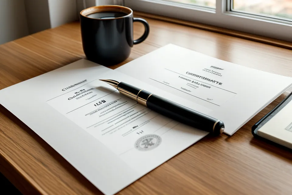 Warranty document on a desk next to an ergonomic chair and coffee mug.