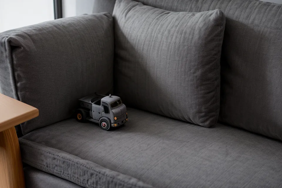 Close-up of a toddler-friendly performance fabric weave on a durable Joybird sofa cushion with a small wooden toy