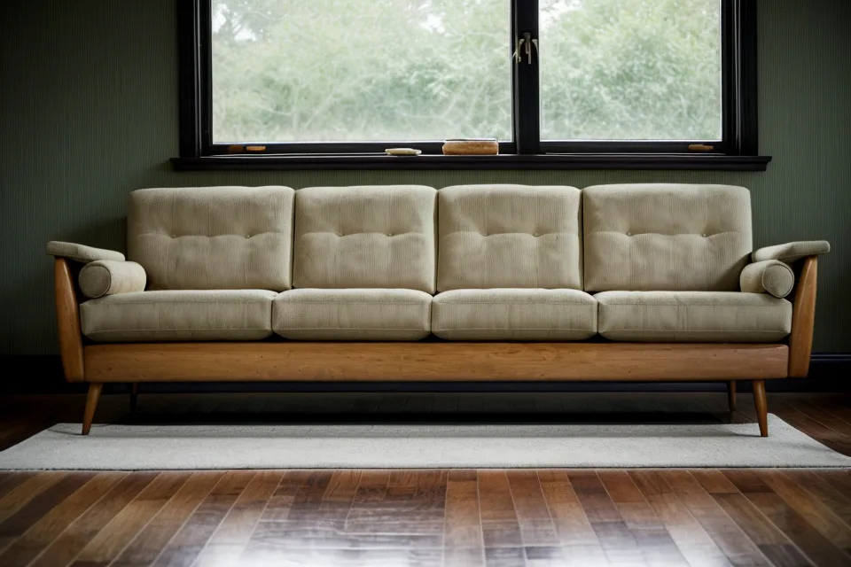 A durable mid-century modern Joybird sofa surviving a messy toddler afternoon on a rainy day