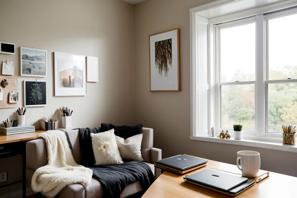 A home-office lifestyle setup with a durable Joybird sofa, laptop, and coffee mug for remote work